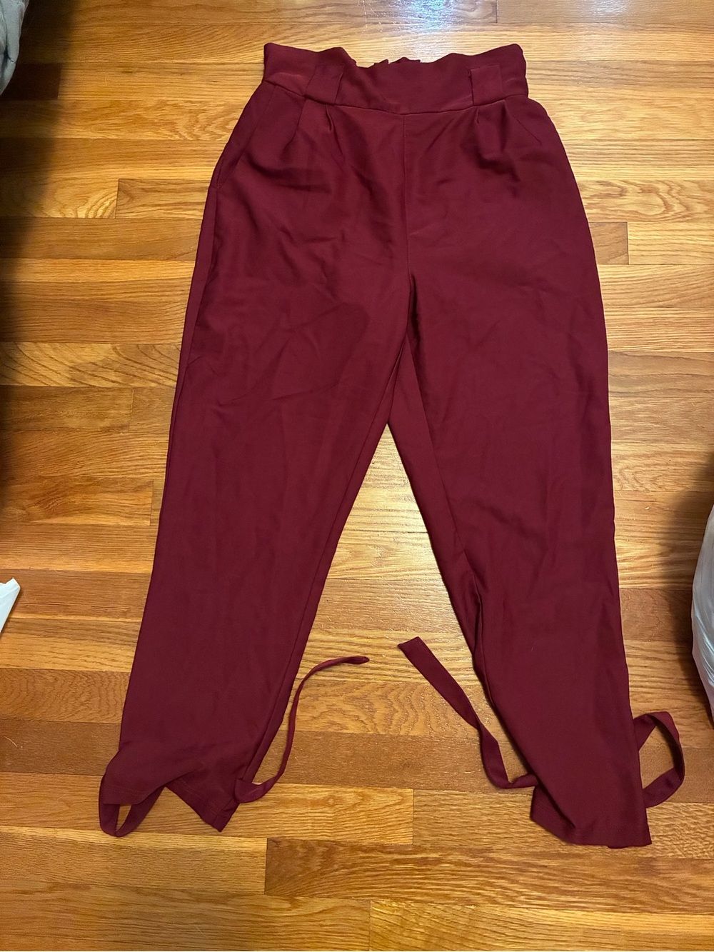 Grace Karin Paperbag High-Waist Straight Leg Pants in Burgundy